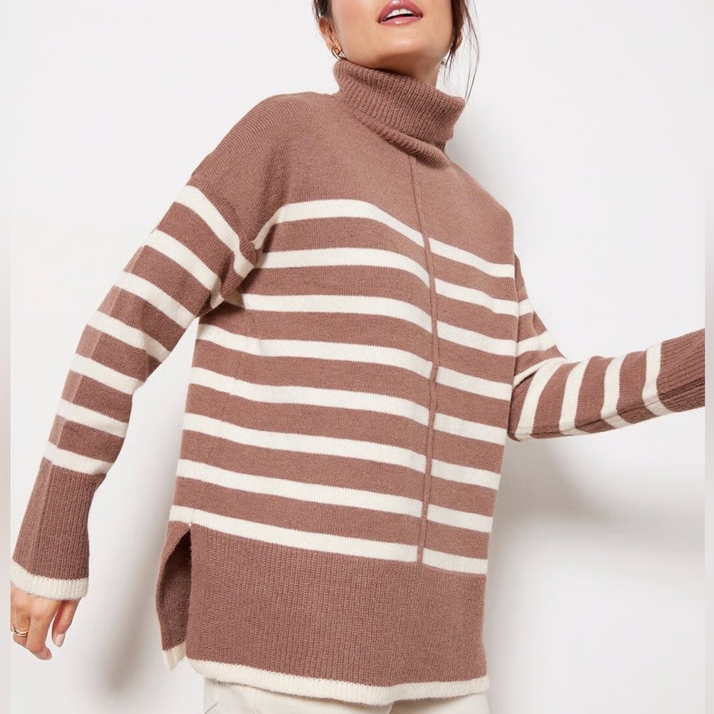 Line & Dot Brown & White Striped Turtleneck Sweater Size Small